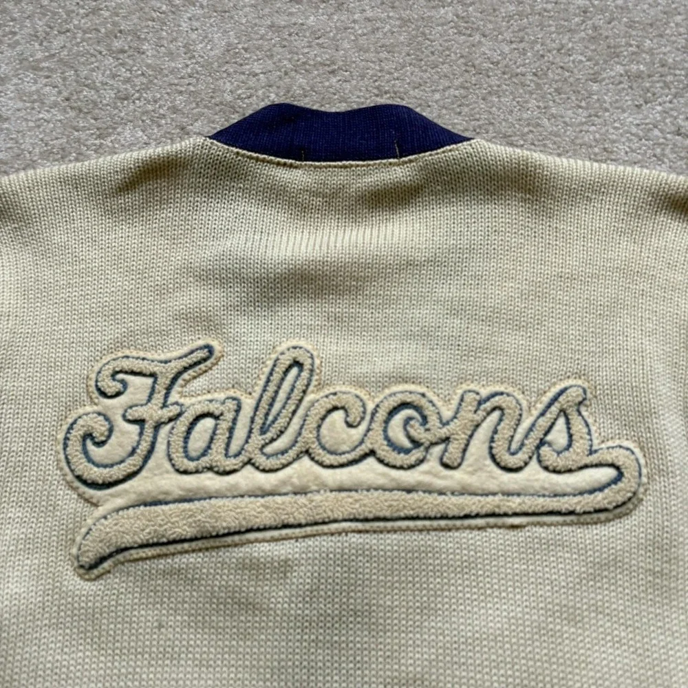 Vintage Falcons Letterman Sweater Mens Medium Cardigan Blue Chenille Patches 60s